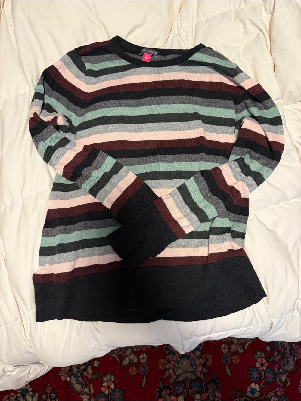 Vince Camuto Striped Crewneck Sweater in Mint, Pink & Black